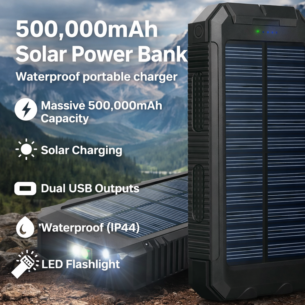 500 000 mAh Waterproof Solar Power Bank Charger
